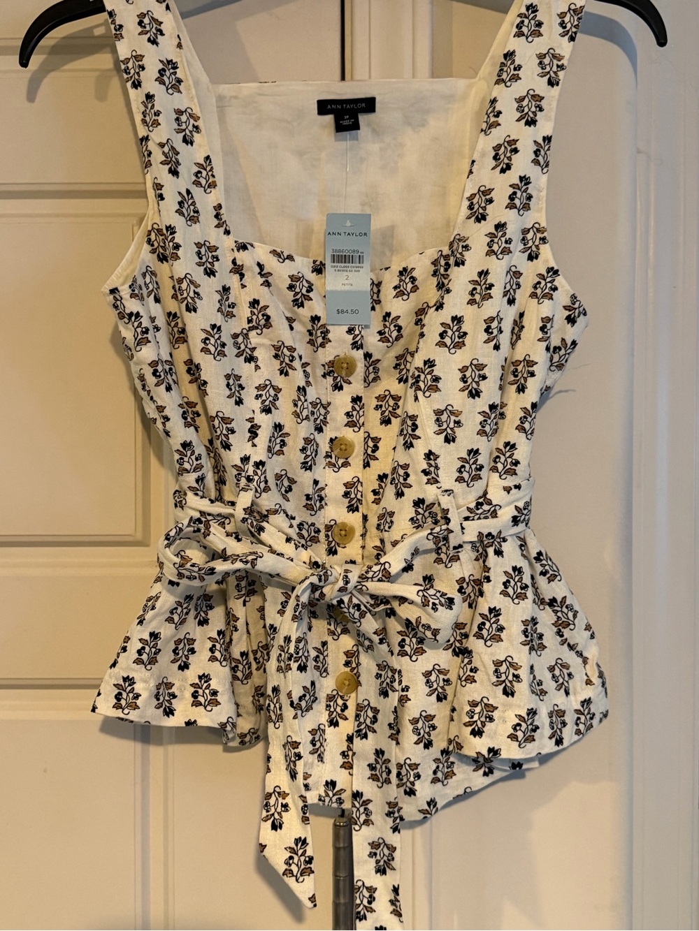 Ann Taylor Cream Floral Tie-Waist Button Tank